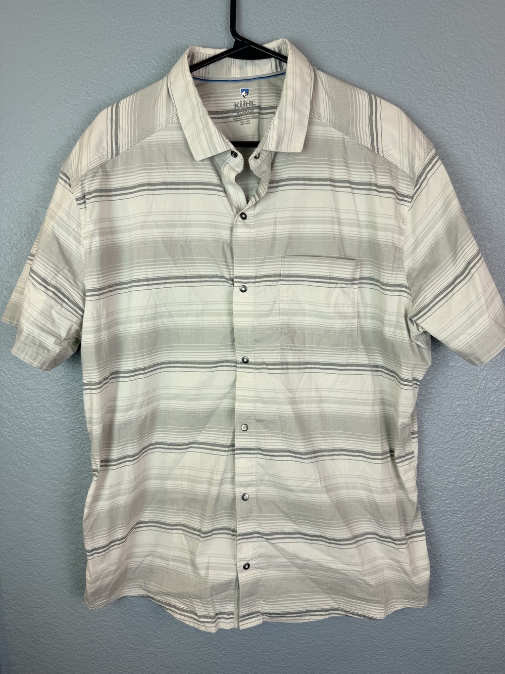 Kuhl Shirt Mens XL Beige Stripe Short Sleeve Snap Front Outdoor Hiking Casual